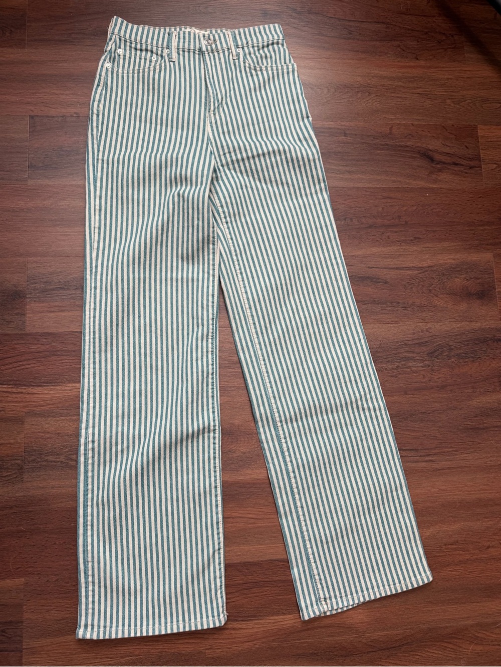 Free People High-Waist Wide Leg Denim Pants - Teal and White Striped - Size 26
